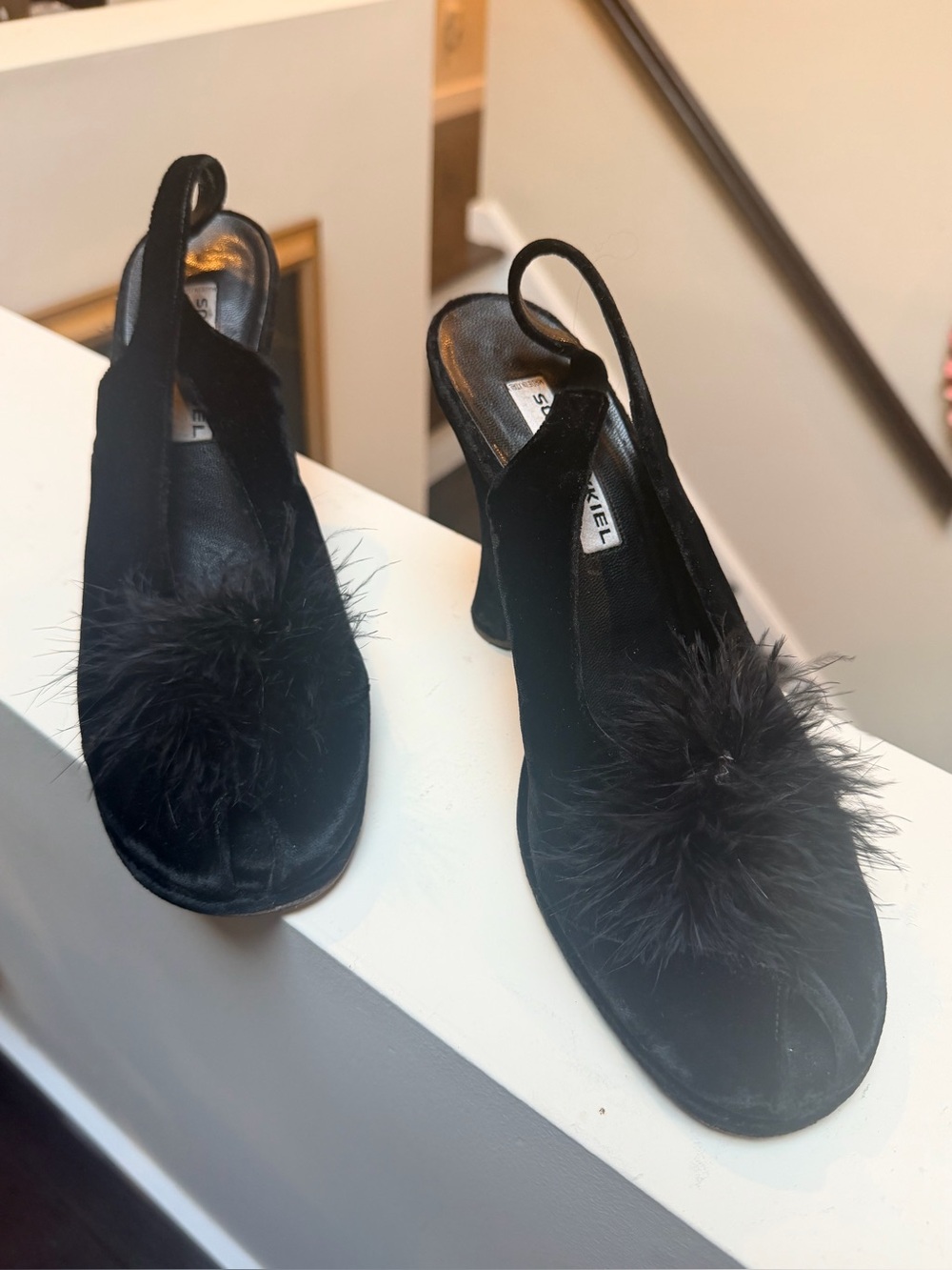 Vintage Sonia Rykiel black velvet feather slingback heels. RARE archive find!